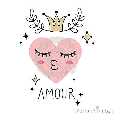 Cute Heart character with crown and AMOUR lettering. Hand drawn line art vector illustration with lettering Amour. Vector Illustration