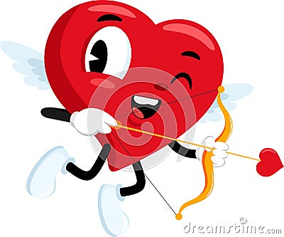 Cute Heart Cupid Retro Cartoon Character Flying With Bow And Arrow Vector Illustration