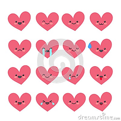 Cute heart emoticons set. Vector Illustration