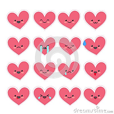 Cute heart emoticons set. Vector Illustration