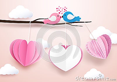 Cute heart shape mobile hanging with branches and Couple birds Vector Illustration