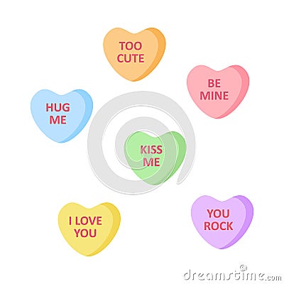 Cute heart shaped candies with writings Vector Illustration