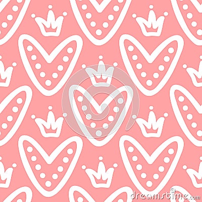 Cute hearts with crowns. Seamless pattern drawn by hand. Vector Illustration