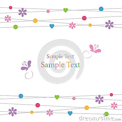 Cute hearts flowers dots and butterflies greeting card Vector Illustration