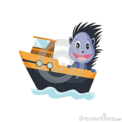 Cute hedgehog animal sailing on boat. Vector funny cartoon sailor on ship steamer with water waves isolated on white Vector Illustration