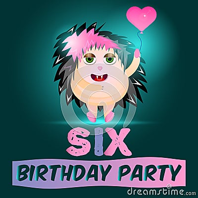 Cute hedgehog card birthday party on six years Stock Photo