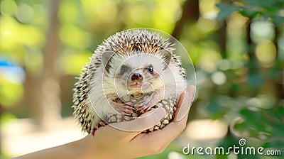 Cute hedgehog held in gentle hands against softly blurred background, heartwarming animal care Stock Photo