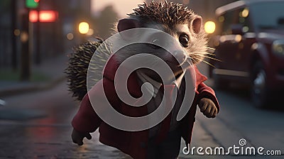 cute hedgehog running, digital art illustration, Generative AI Cartoon Illustration