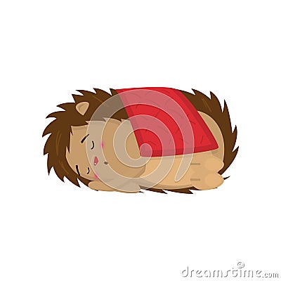 Cute hedgehog sleeping sweetly under red blanket isolated on white background Vector Illustration