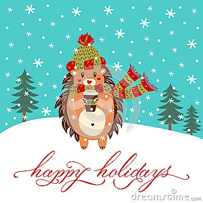 A cute hedgehog in a warm hat with a scarf and a mug with a hot drink. Cartoon character. Animal, trees, snowflakes and Vector Illustration