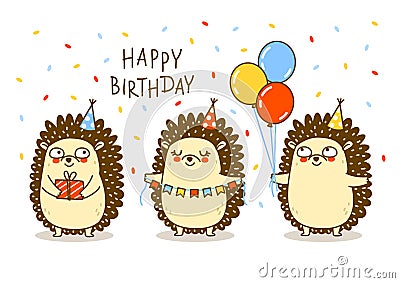 Cute hedgehogs border solated on white - cartoon characters for Your happy Birthday design Vector Illustration