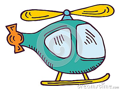 Cute helicopter in doodle sketch style. Color plastic toy Vector Illustration