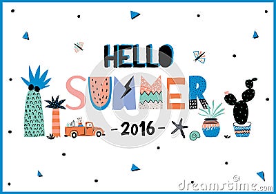 Cute Hello Summer Poster Vector Illustration