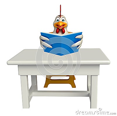 cute Hen cartoon character with books;table and chair Cartoon Illustration