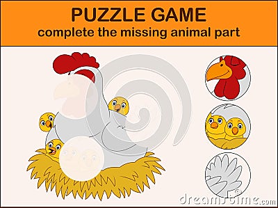 Cute hen cartoon with chicks in the nest. Complete the puzzle and find the missing parts of the picture Vector Illustration