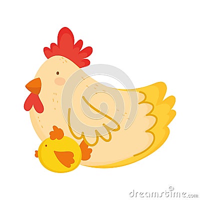 Cute hen and chicken birds farm animal cartoon Vector Illustration
