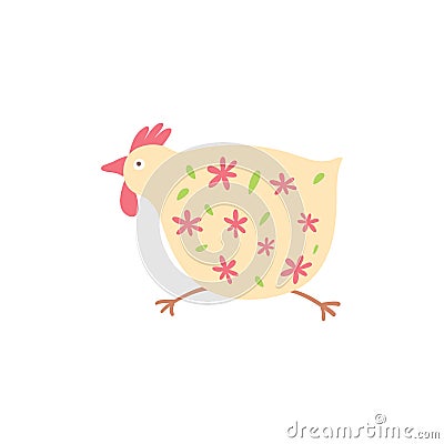 Cute hen isolated on white. Easter. Childish cute cock with floral ornament. Running chicken character vector Vector Illustration