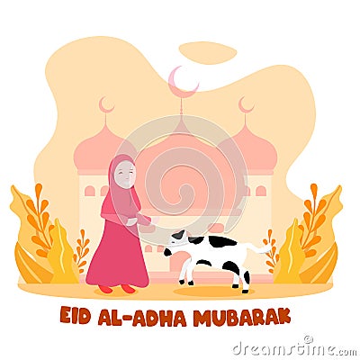 Cute hijab girl play with her cow. Islamic holiday eid al adha flat style illustration. Greeting card for muslim community Vector Illustration