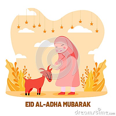 Cute hijab girl play with her goat. Islamic holiday eid al adha flat style illustration. Greeting card for muslim community Vector Illustration