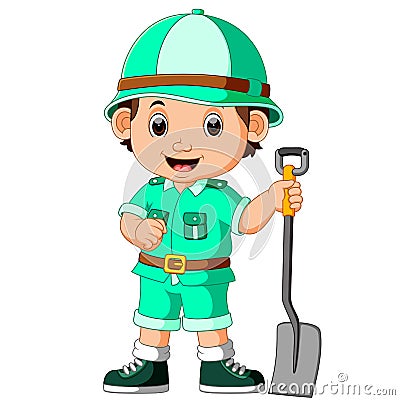 Cute hiker boy holding shovel Vector Illustration