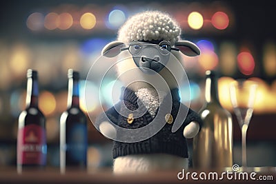Cute and Hilarious Woolen Sheep Serving as a Bartender in a Bar Stock Photo