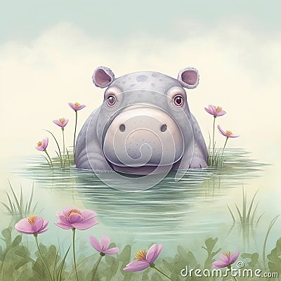 Cute hippo baby african jungle safari animal, watercolor illustration Cartoon Illustration