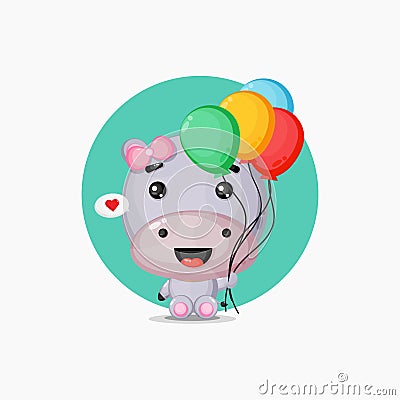 Cute hippo carrying colorful balloons Vector Illustration