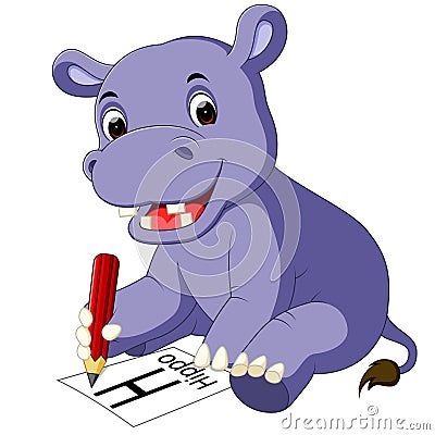 Cute hippo cartoon holding pencil Vector Illustration