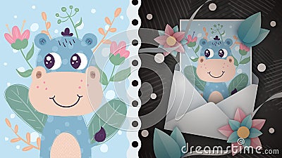 Cute hippo character idea for greeting card. Vector Illustration