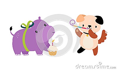 Cute Hippo and Dog Animal Congratulating with Birthday Holiday with Cupcake and Blowing Whistle Vector Set Stock Photo