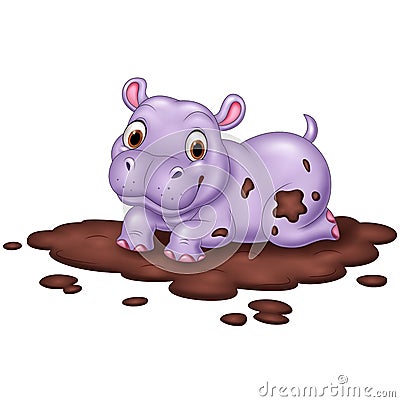 Cute hippo in the mud Vector Illustration