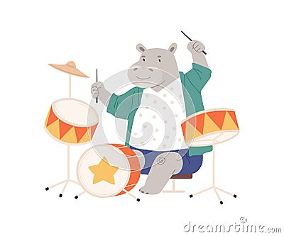 Cute hippo playing on drums. Happy animal musician performing music on drumkit. Funny hippopotamus sitting with Vector Illustration