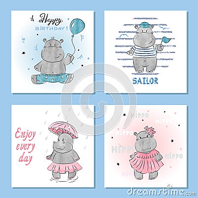 Cute Hippo vector illustrations. Set of birthday greeting cards Vector Illustration