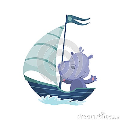 Cute hippopotamus animal sailing on boat. Vector funny cartoon sailor on sailboat with water waves isolated on white Vector Illustration