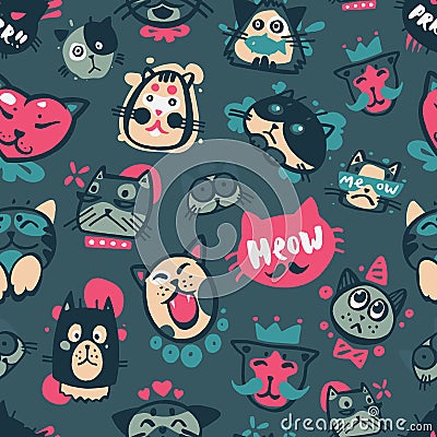 Cute hipster cat faces kitty pet head avatar emotion icons seamless pattern background vector illustration Vector Illustration