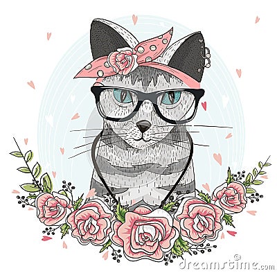 Cute hipster cat with glasses, scarf and flowers Vector Illustration