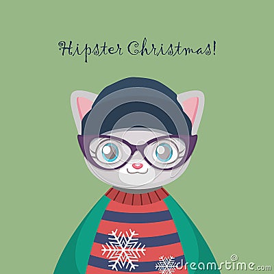 Cute hipster cat with an ugly Christmas sweater Vector Illustration