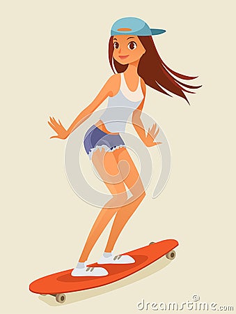 Cute hipster girl on longboard Vector Illustration