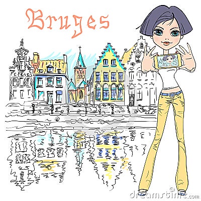 Cute hipster girl makes selfie in Bruges, Belgium Vector Illustration