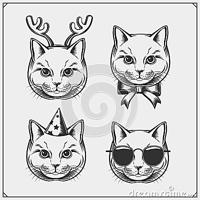 Cute holiday cats collection. Greeting card design, print design for t-shirt, template for pet shop logo. Vector Illustration