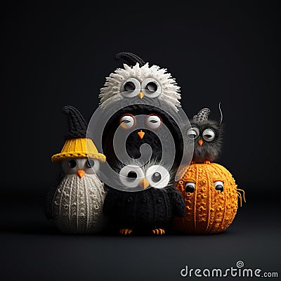 Cute halloween themed animals on a knitted Generative AI Stock Photo