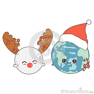 Cute holidays vector cartoon illustration with character planet earth with santa hat and moon with reindeer antlers Vector Illustration