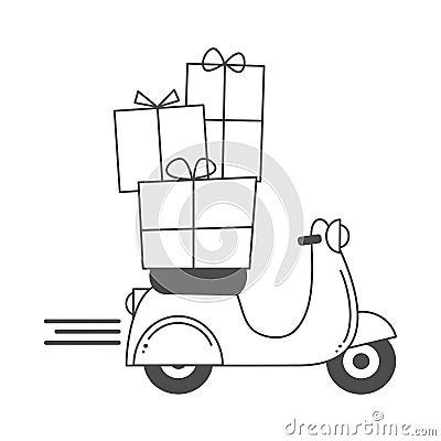 Cute holidays vector cartoon with scooter motorcycle and christmas gift box funny illustration for coloring art Vector Illustration