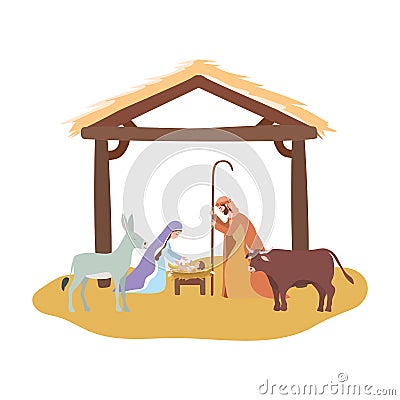 Cute holy family and animals in stable manger characters Vector Illustration