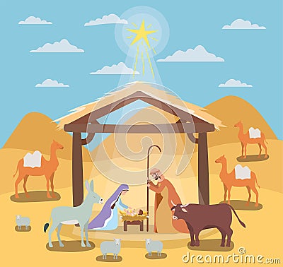 Cute holy family in stable with animals manger characters Vector Illustration