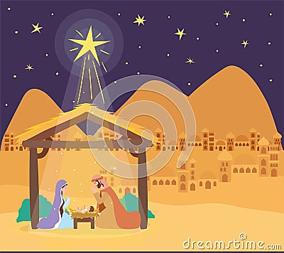 Cute holy family in stable manger characters Vector Illustration