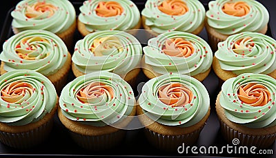 A cute, homemade cupcake with colorful icing and candy decoration generated by AI Stock Photo