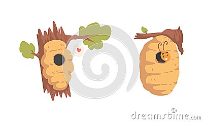 Cute Honey Bee with Antenna Looking Out Beehive Hanging on Tree Branch Vector Set Vector Illustration