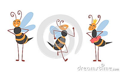 Cute Honey Bee with Antenna and Striped Body Standing and Running Vector Set Vector Illustration