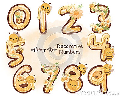 Cute Honey Bee and Flowers Decorative Numbers Cartoon Illustration